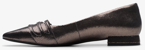 A metallic-looking dressy flat with a pointed toe and a low heel.