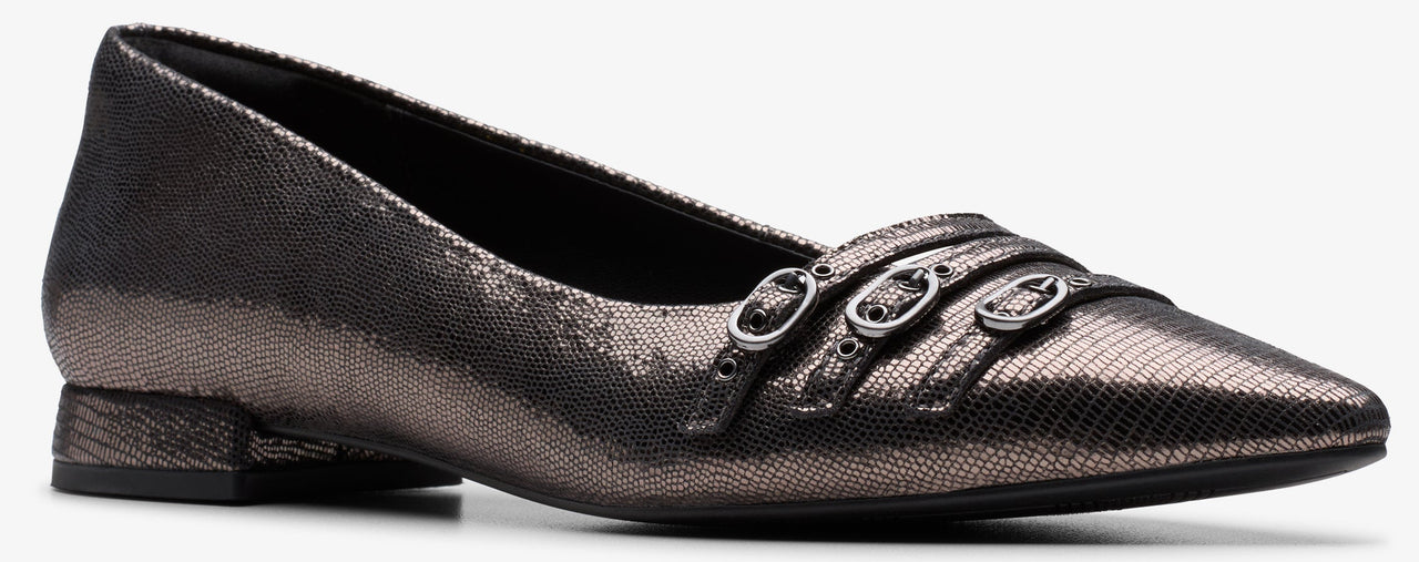 A metallic gunmetal-colored loafer with a pointed toe and a buckle embellishment.