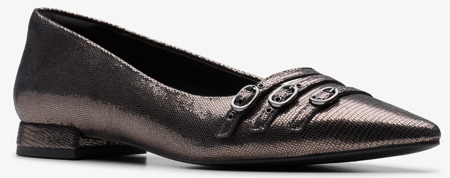 A metallic gunmetal-colored loafer with a pointed toe and a buckle embellishment.