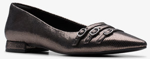 A metallic gunmetal-colored loafer with a pointed toe and a buckle embellishment.