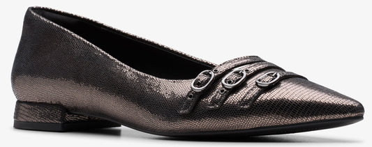 A metallic gunmetal-colored loafer with a pointed toe and a buckle embellishment.