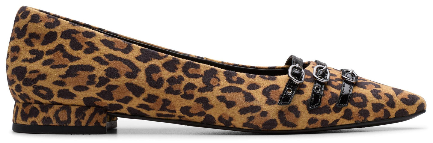 Leopard print dress shoe with buckle strap.
