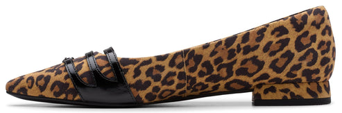 Leopard print flat shoe with black patent leather toe cap and buckle straps.