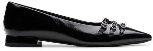 Black patent leather pointy-toe pump with three straps across the foot.