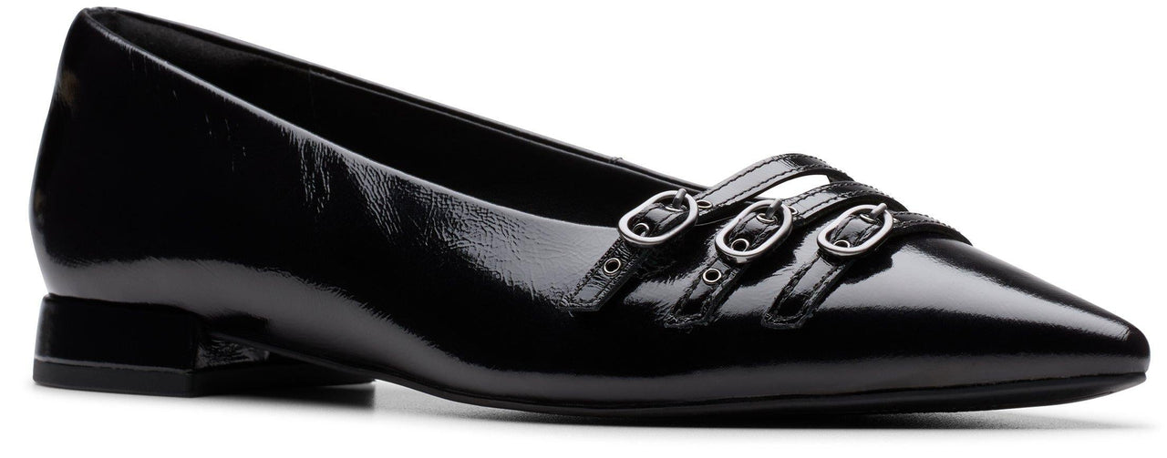 Black patent leather women's flats with three straps and silver buckles.