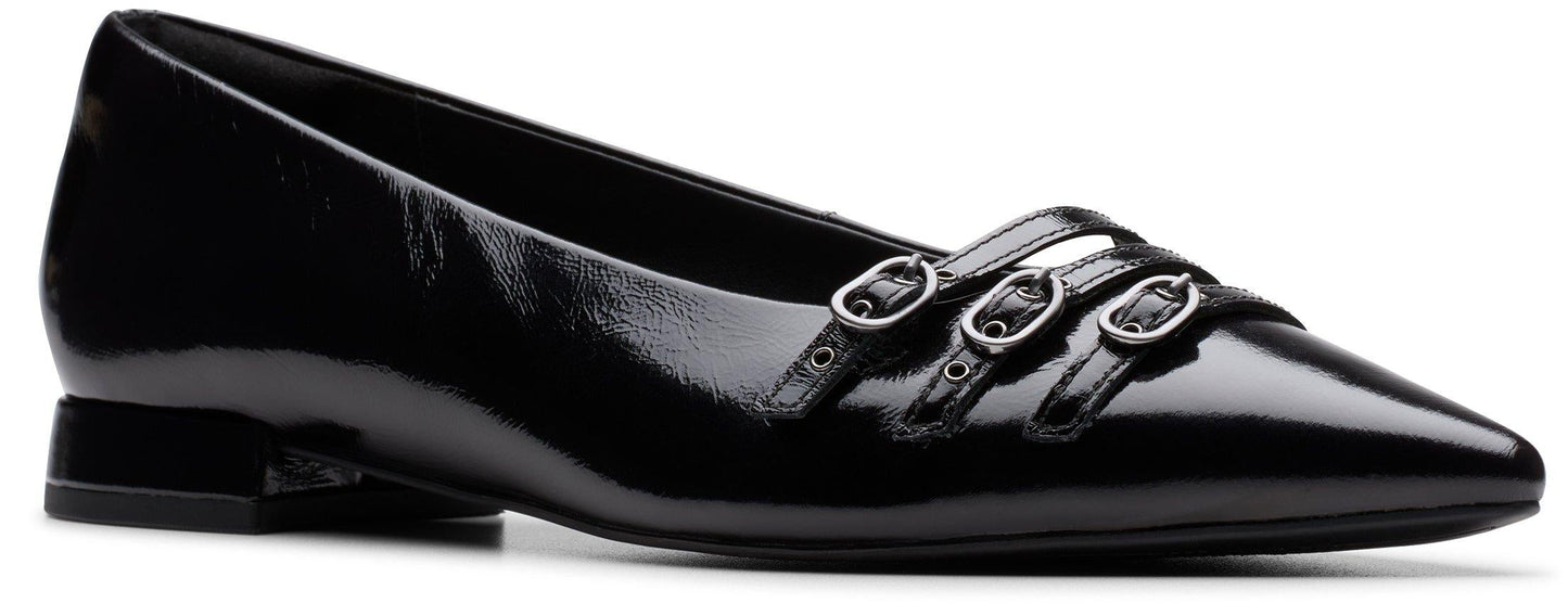 Black patent leather women's flats with three straps and silver buckles.