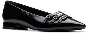 Black patent leather women's flats with three straps and silver buckles.