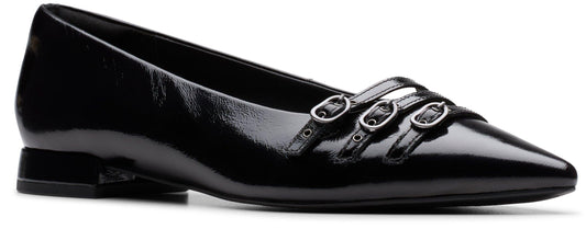 Black patent leather women's flats with three straps and silver buckles.