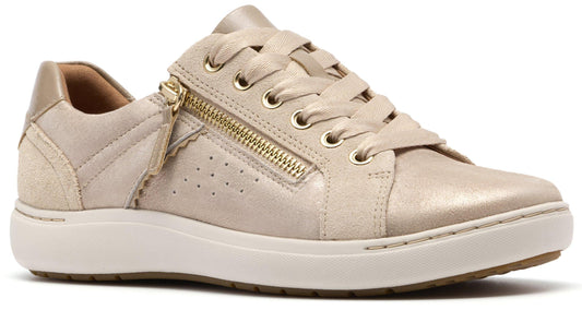 Beige leather sneaker with decorative side zipper and white sole.