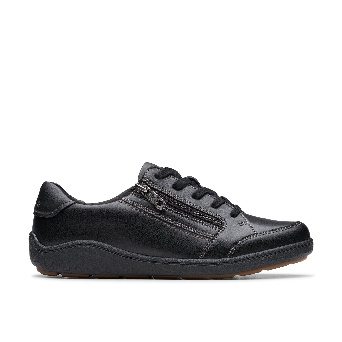 Black leather sneaker with side zipper and lace-up closure.
