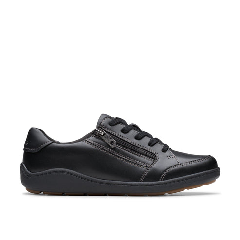 Black leather sneaker with side zipper and lace-up closure.