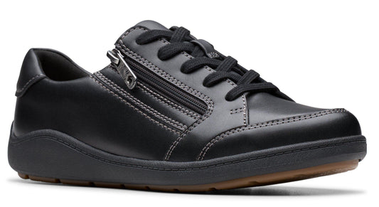 Black leather shoe with laces and a side zipper.