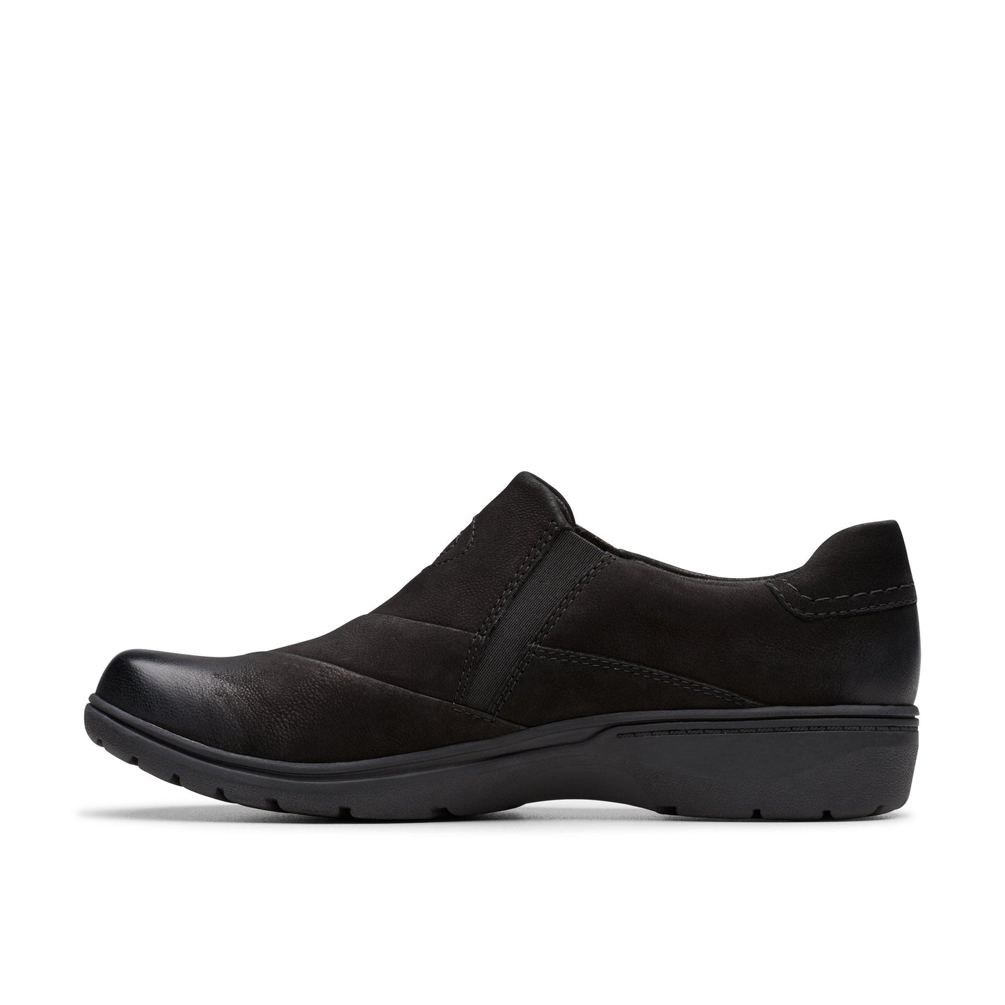 A black, slip-on women's shoe with a rounded toe and a low, flat heel.