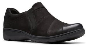 Black slip-on women's dress shoe with low heel and elastic side panels.