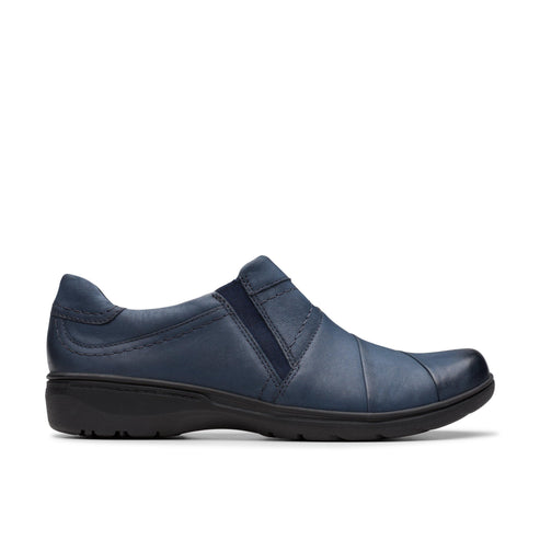 A navy leather loafer with black sole.