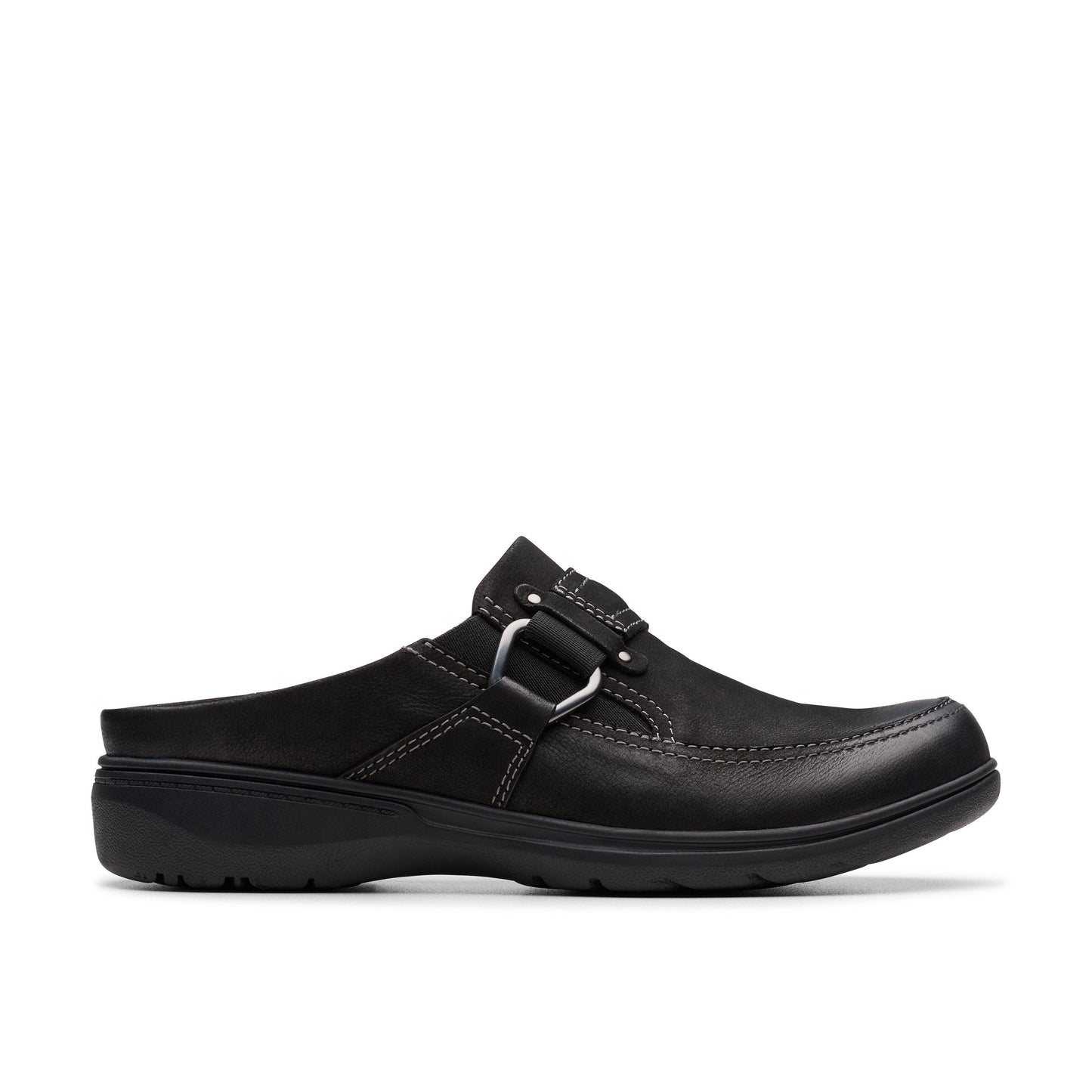Black leather clog with a silver buckle and stitched detailing.