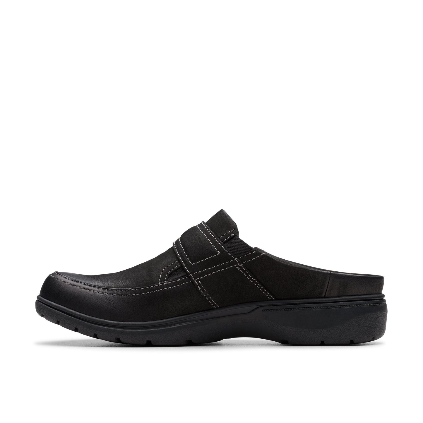 Black slip-on clog with adjustable strap.