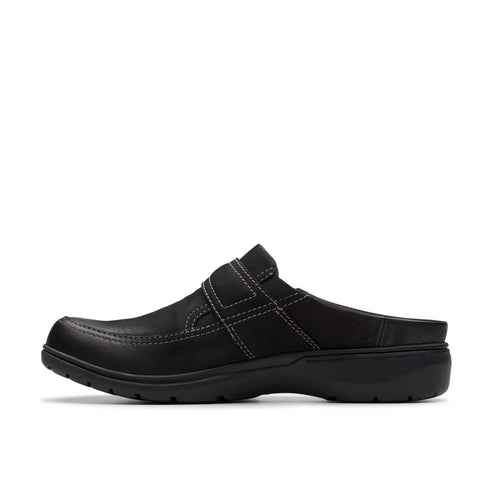 Black slip-on clog with adjustable strap.