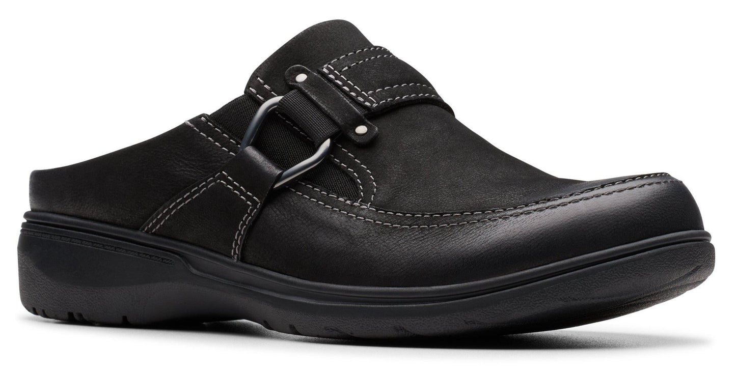 Black leather mule with a decorative silver metal buckle.