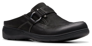 Black leather mule with a decorative silver metal buckle.