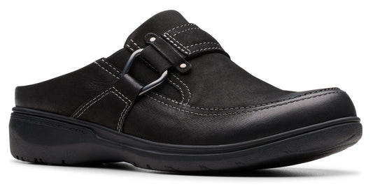 Black leather mule with a decorative silver metal buckle.