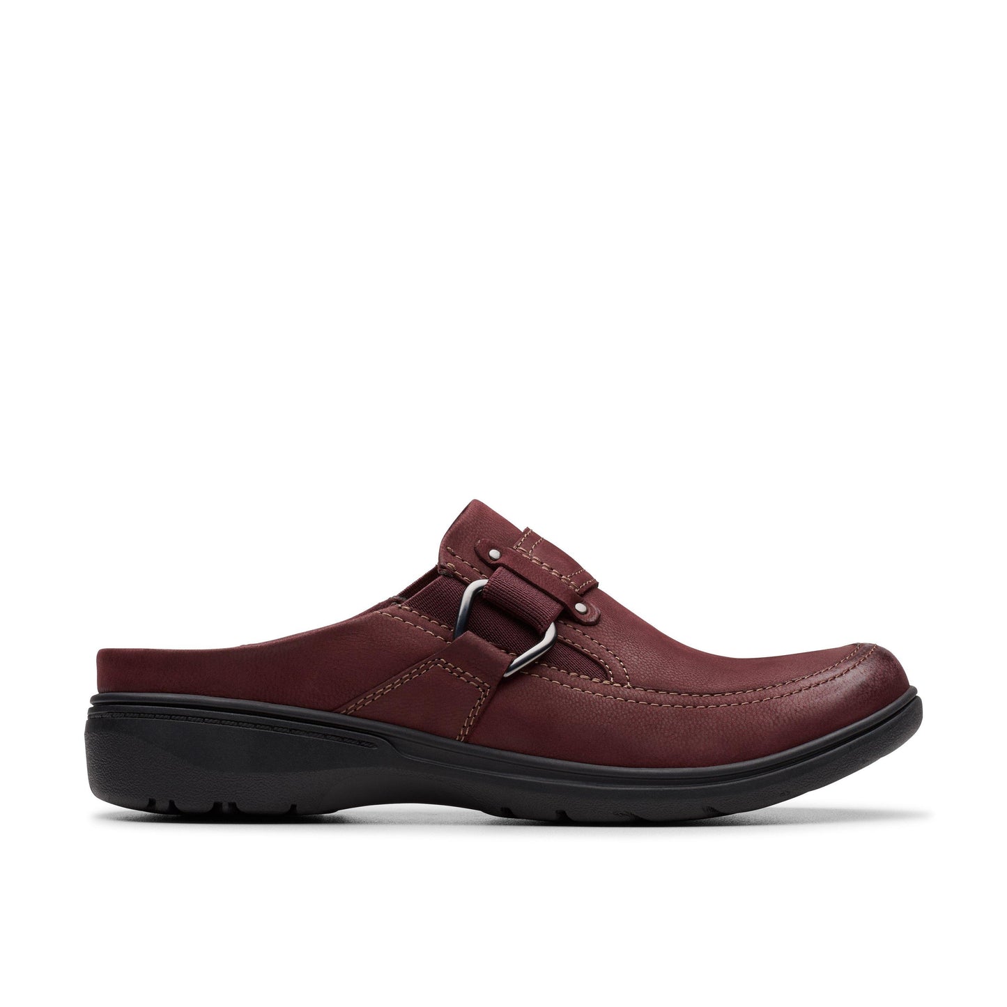 Burgundy leather mule shoe with silver hardware.