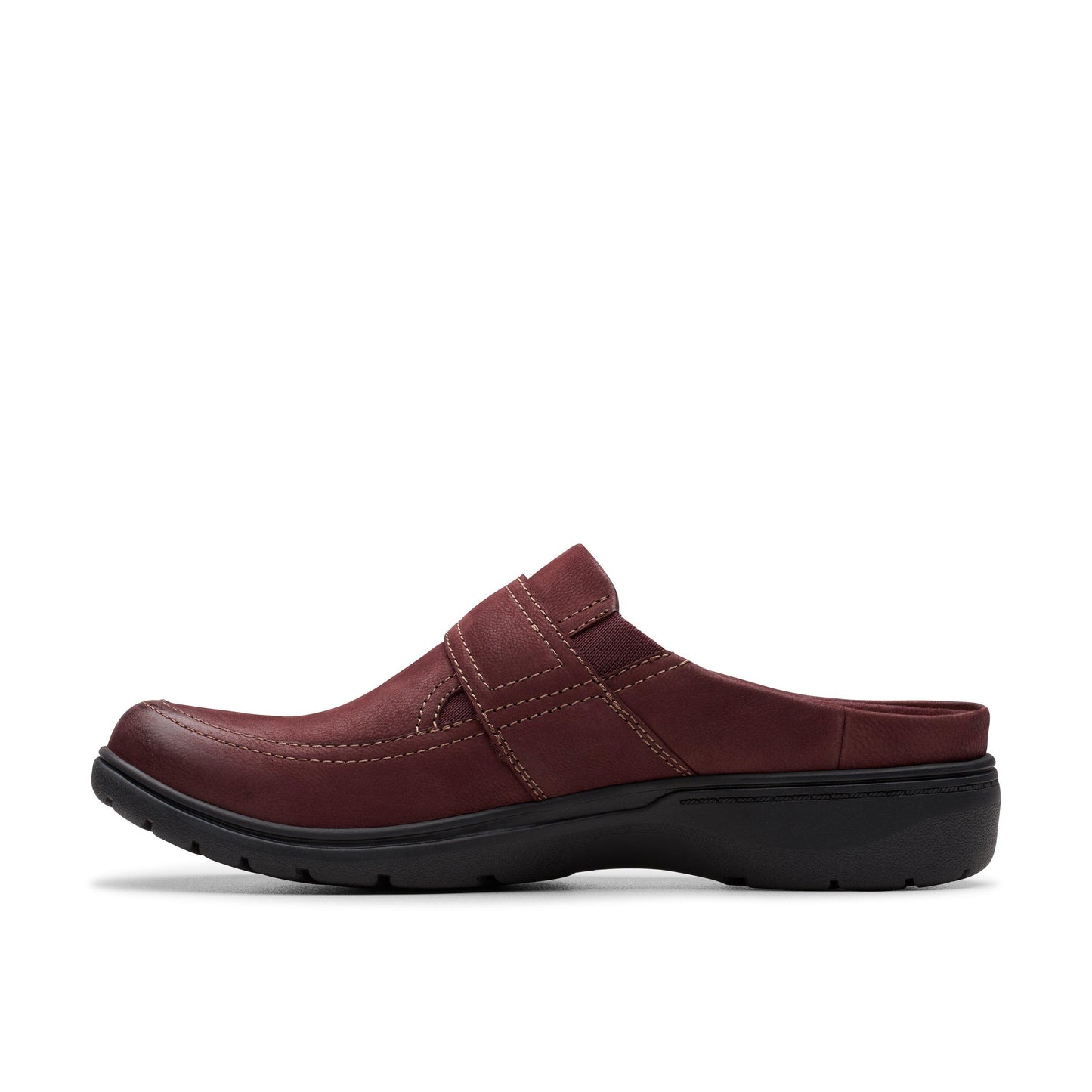 Maroon clog with strap and a black sole.