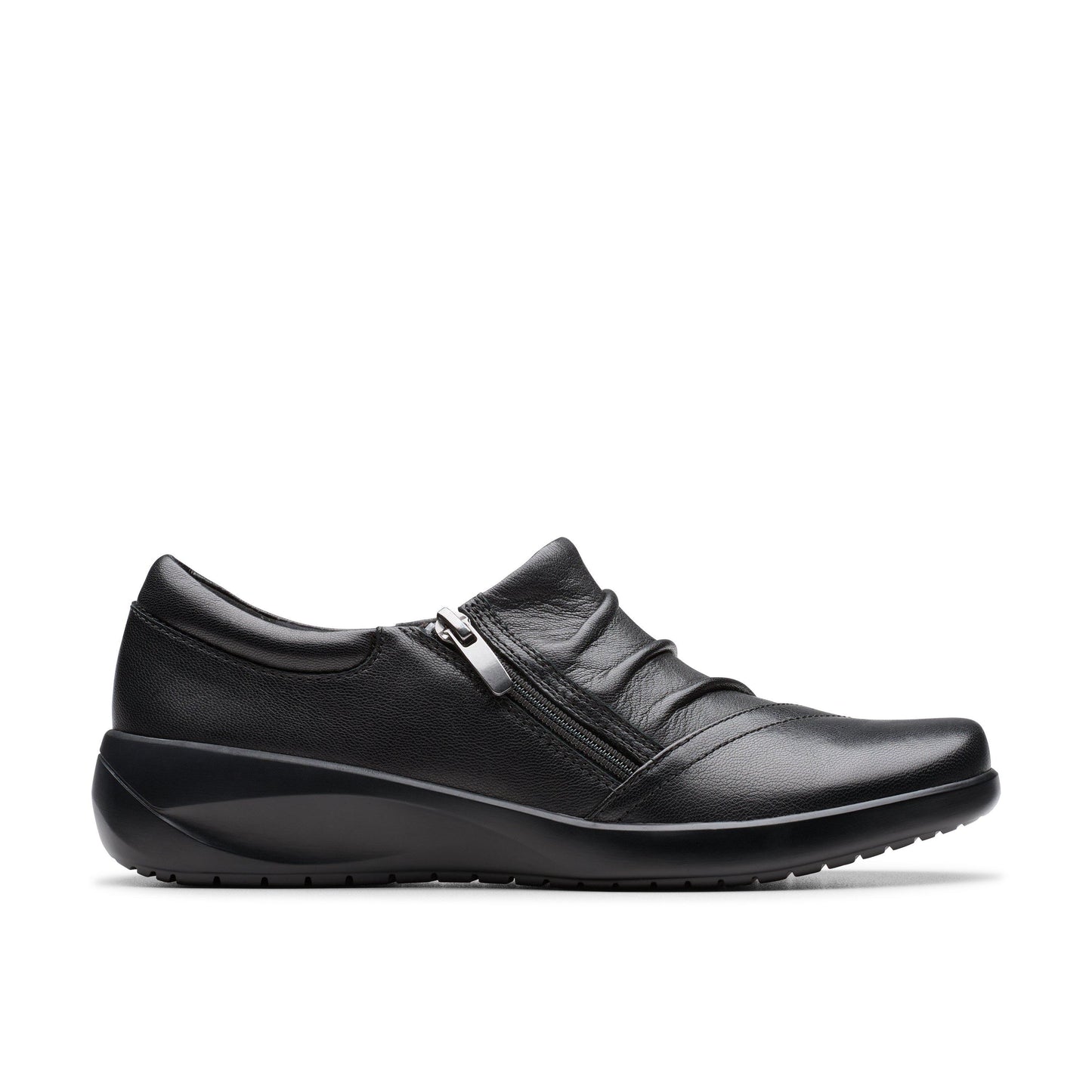 Black leather loafer with side zipper and elastic gathered design.