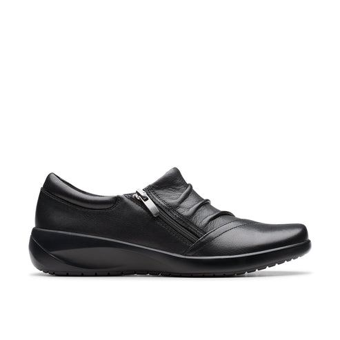 Black leather loafer with side zipper and elastic gathered design.