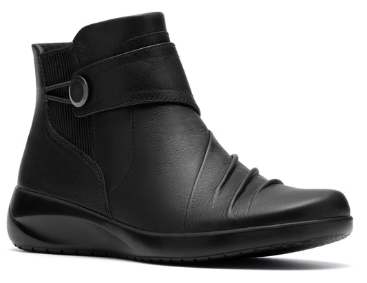 Black ankle boot with side buckle and gathered leather across the toe