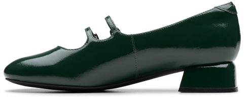 Dark green Mary Jane shoe with two straps and a block heel.