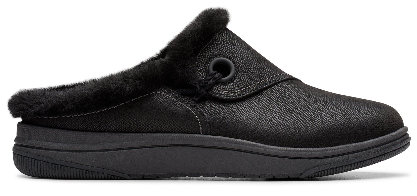 Black slip-on shoe with faux fur trim.
