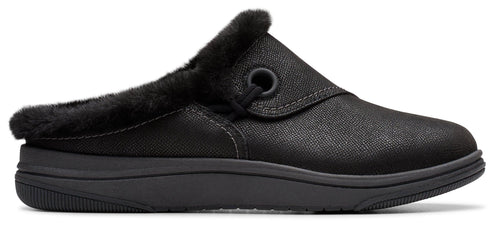 Black slip-on shoe with faux fur trim.