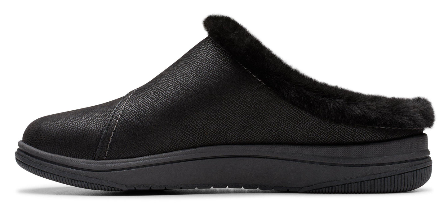 A black slipper with faux fur trim.