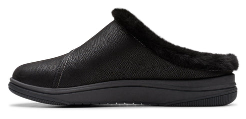 A black slipper with faux fur trim.