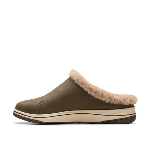 Slip-on olive green shoe with fur trim and a beige sole.