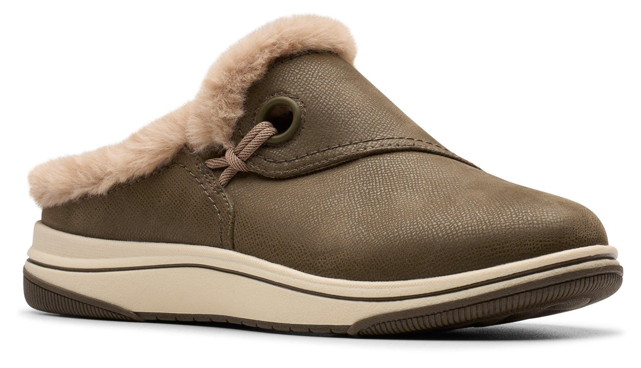 Olive colored slip-on shoe with faux fur trim.