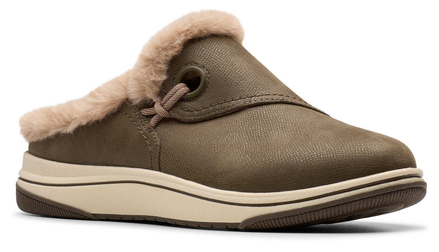 Olive colored slip-on shoe with faux fur trim.