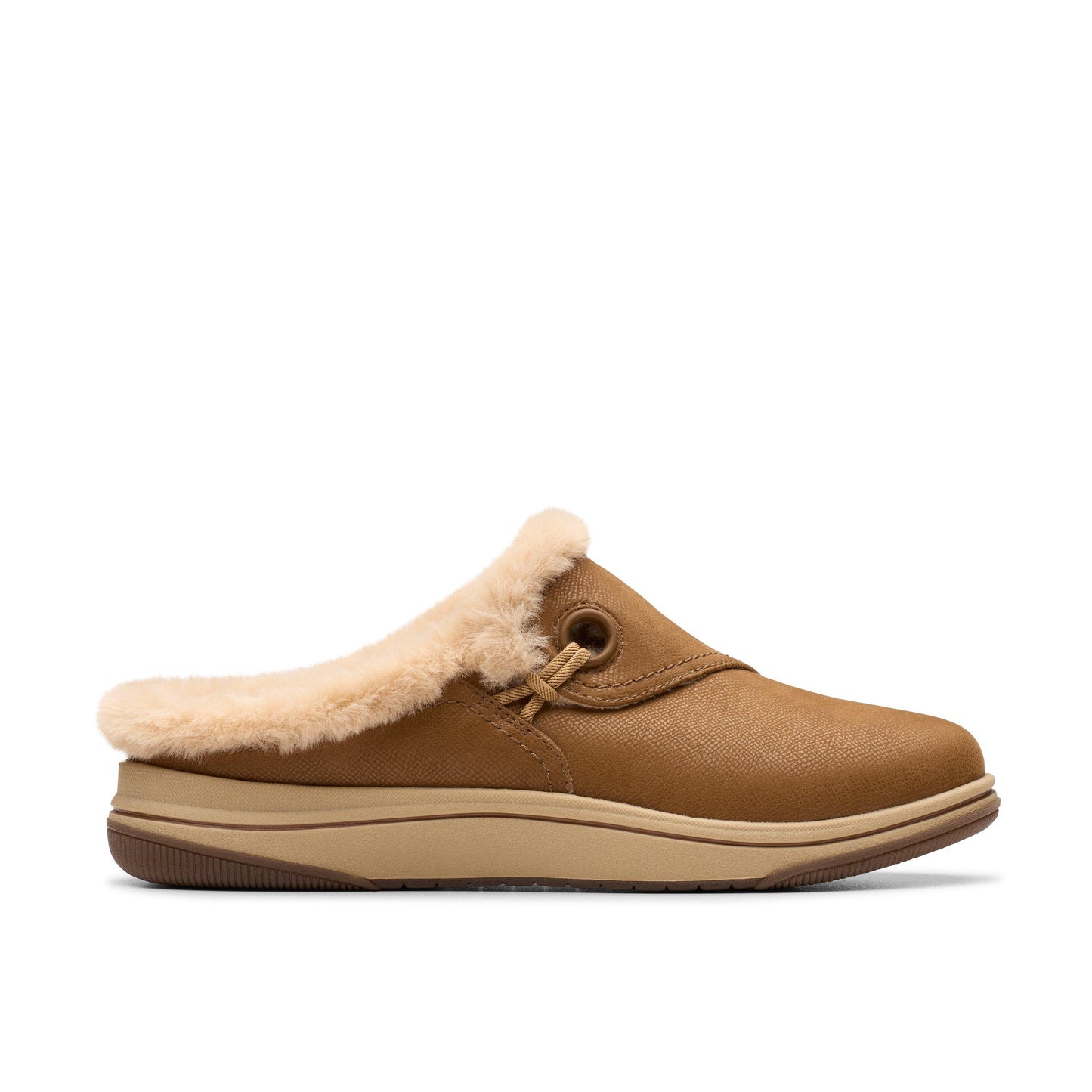 Tan slip-on mule slipper with faux fur trim.