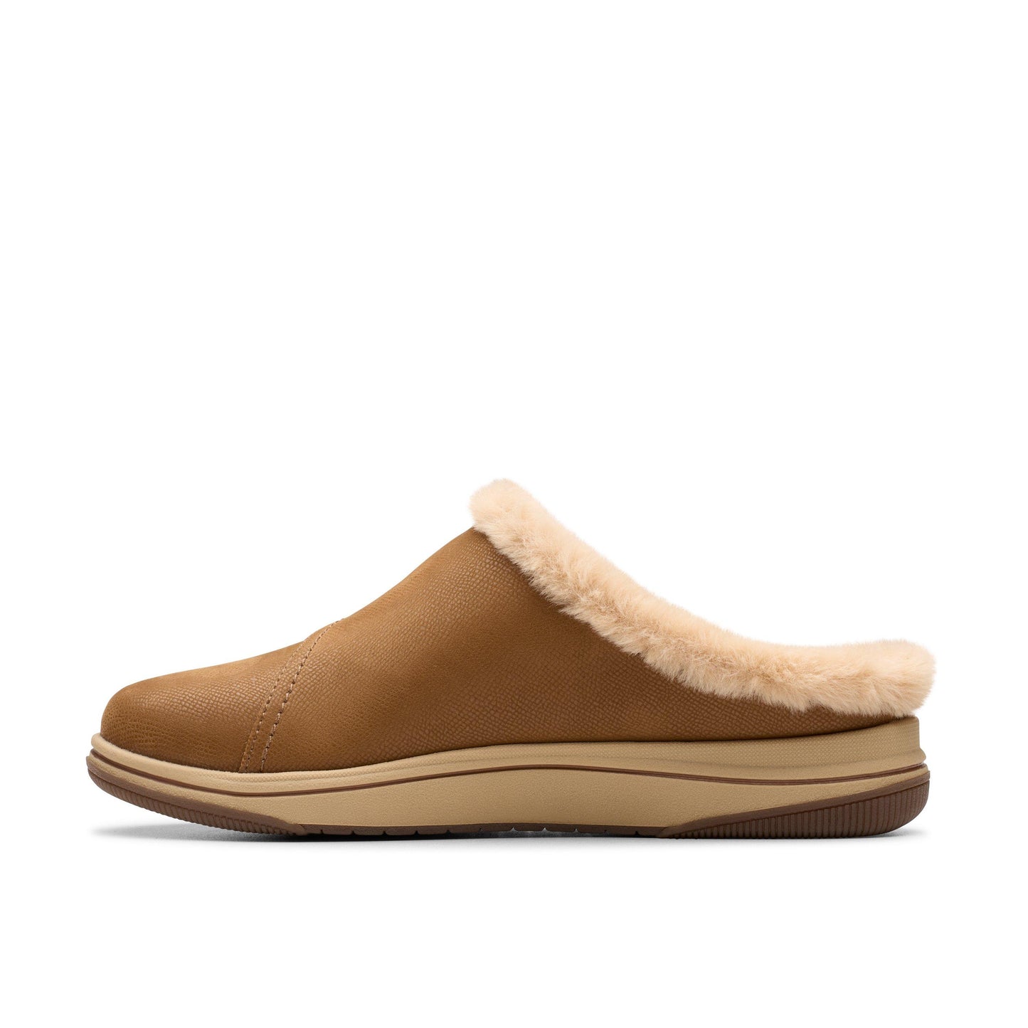 Tan, closed-toe indoor/outdoor slipper with faux fur trim.