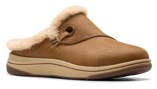 Tan slip-on shoe with faux fur trim and a flat sole.