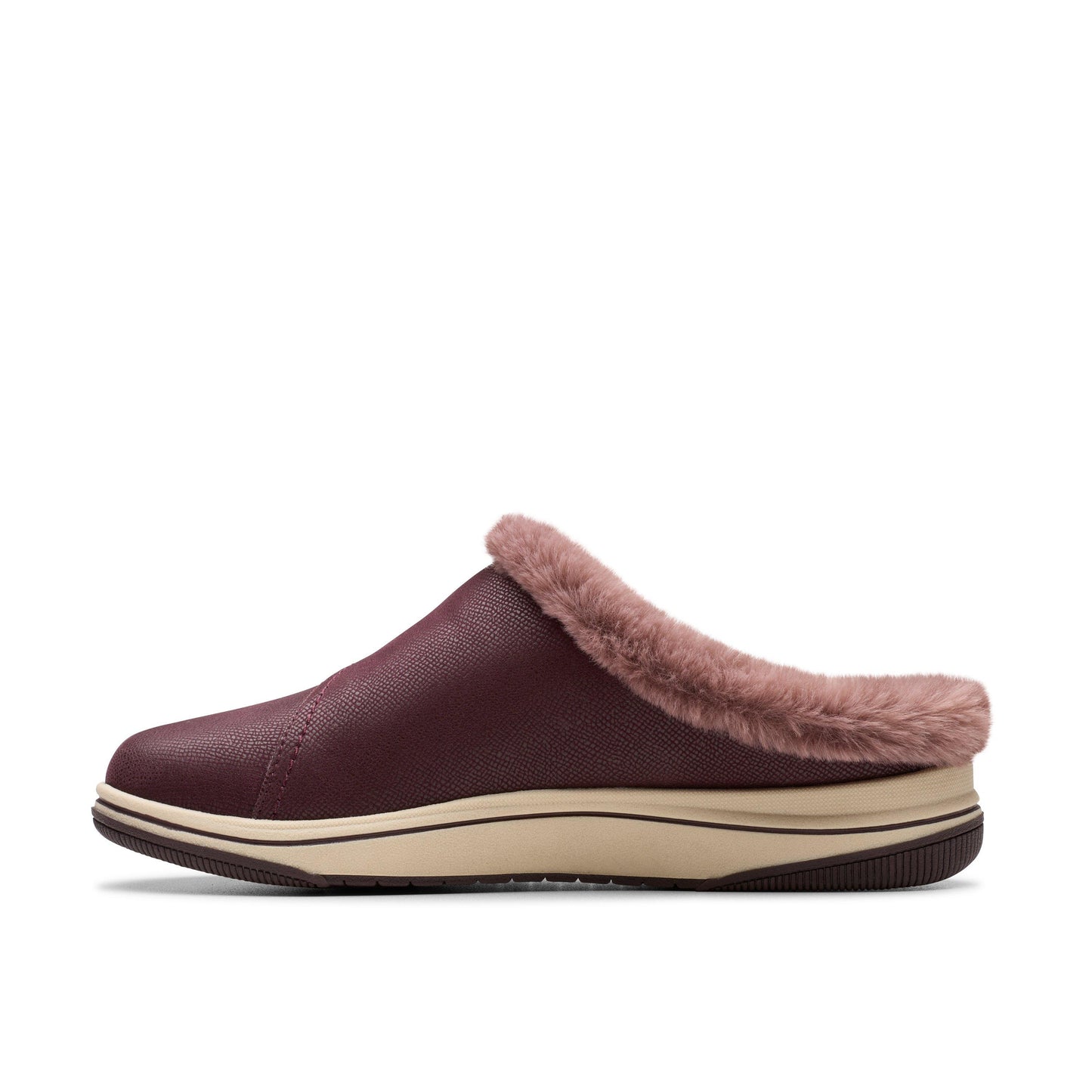A maroon slip-on shoe with fur lining and a tan sole.