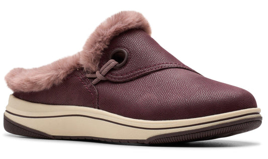 Maroon slip-on shoe with faux fur trim and a tan sole.