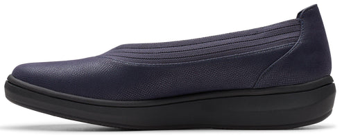 A navy blue slip-on shoe with a black sole.