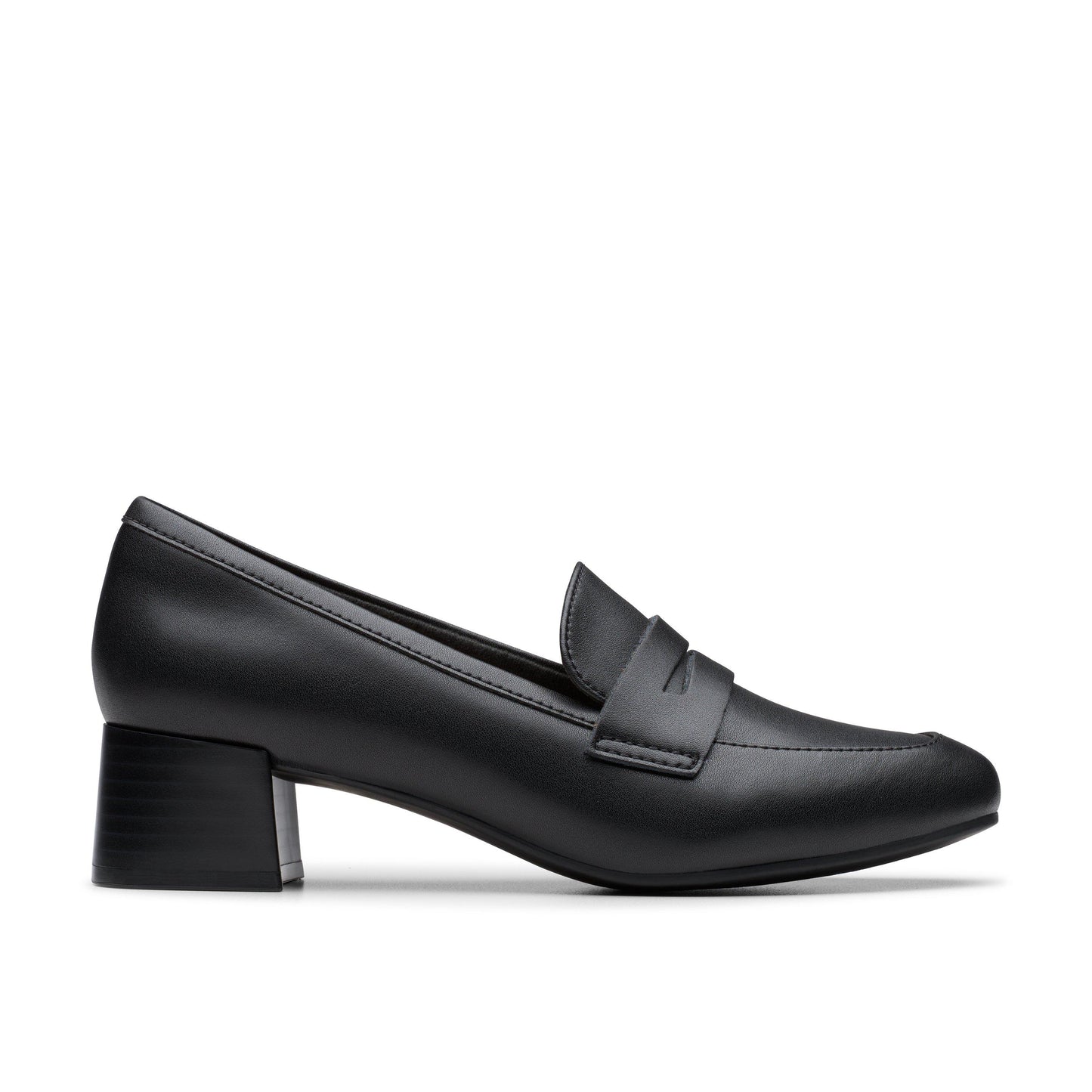 Black leather penny loafer with block heel, shown in profile.