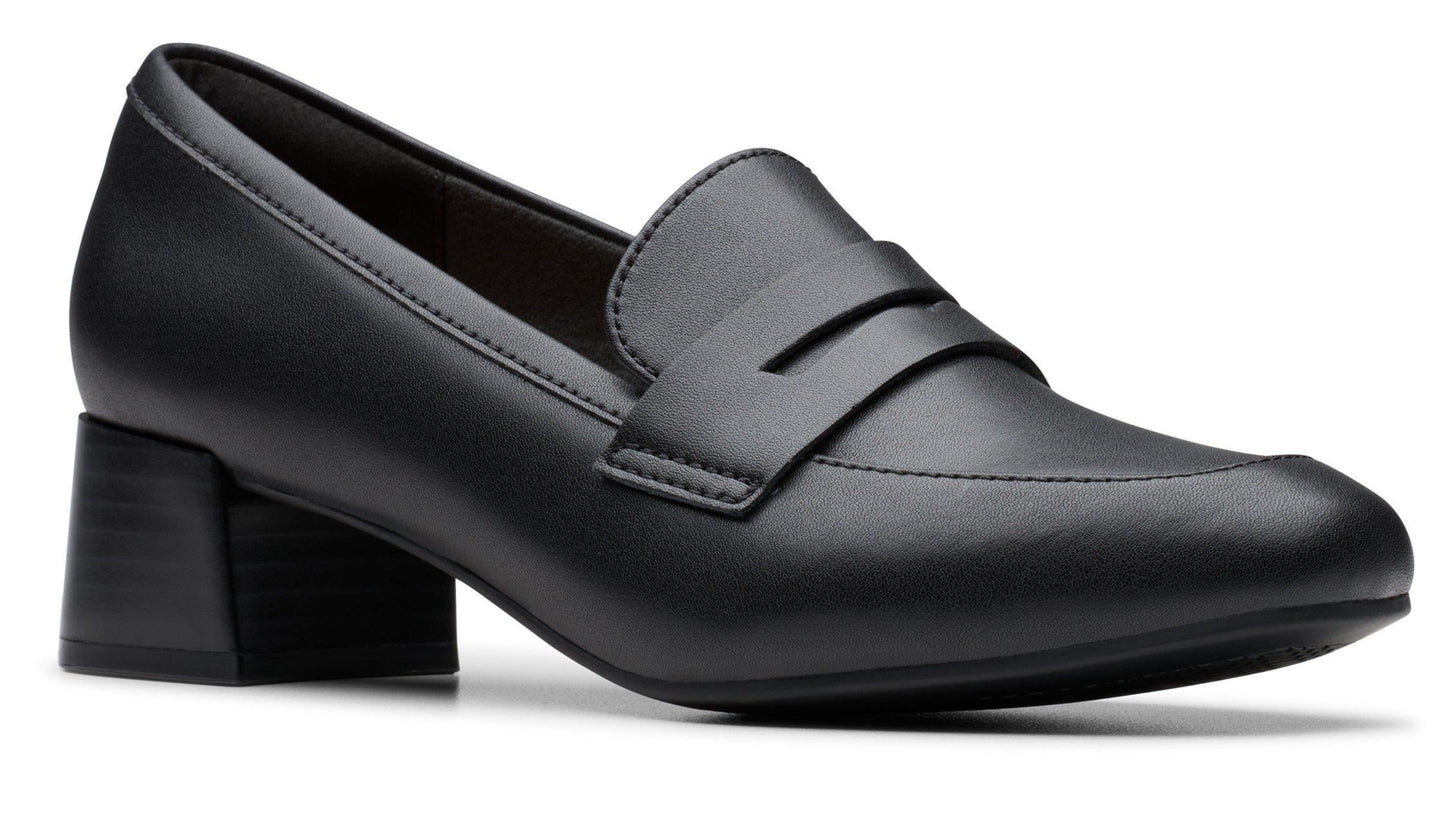 Black leather block heel loafer.
