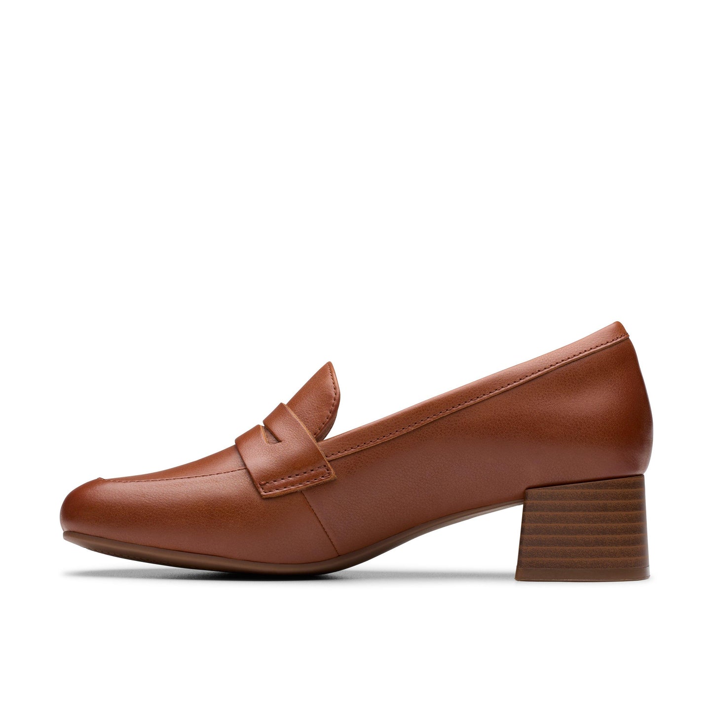 A brown leather loafer with a medium block heel.
