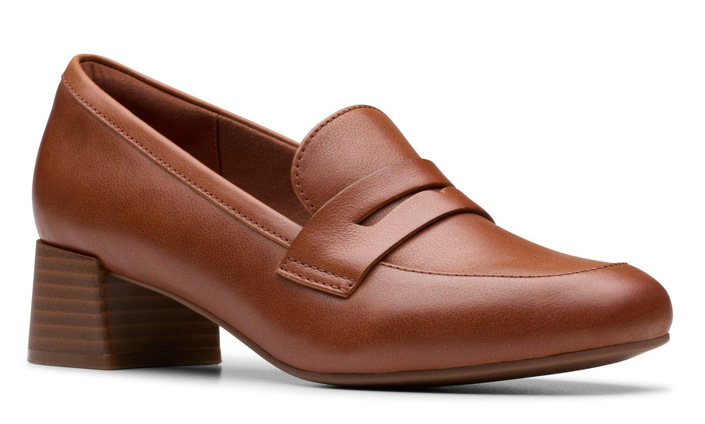 Brown leather penny loafer shoe with stacked block heel