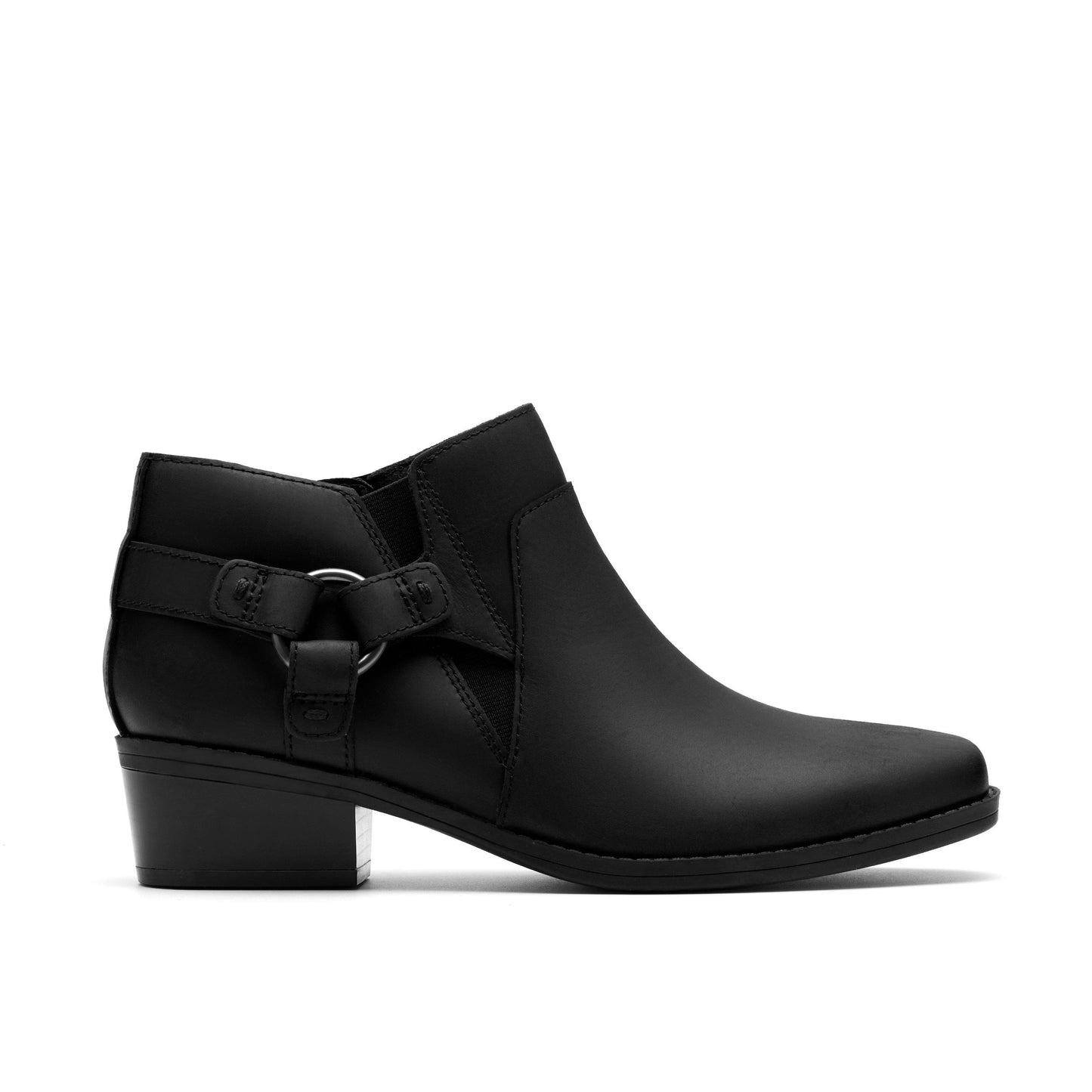 Black ankle boot with rounded square toe and decorative metal ring detail.