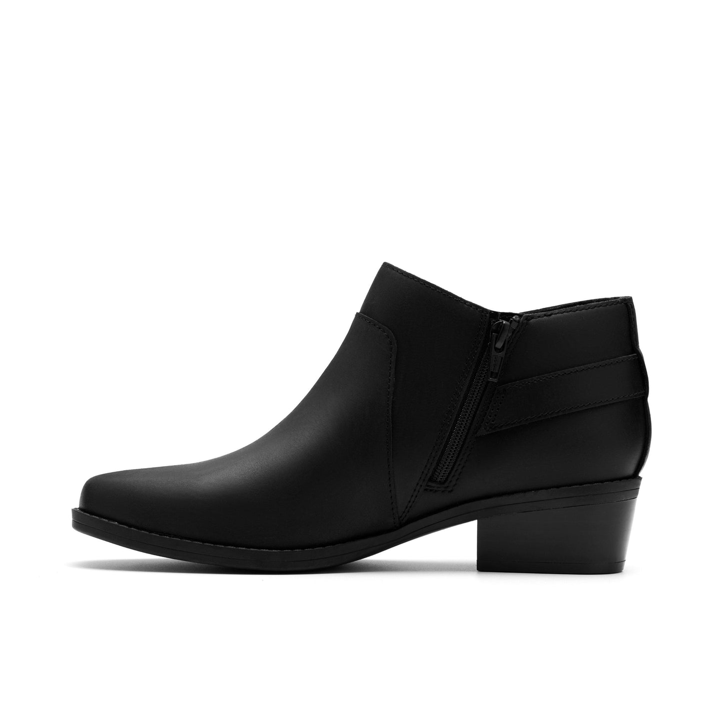 Black leather ankle boot with a side zipper and a low block heel.